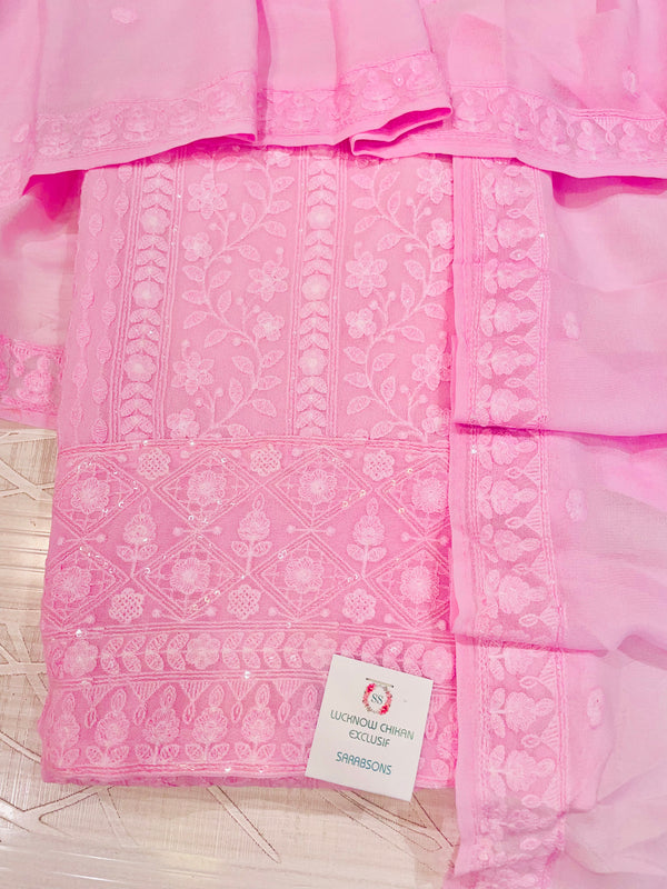Chikankari Suit Length 3 Piece Pink Pure Georgette