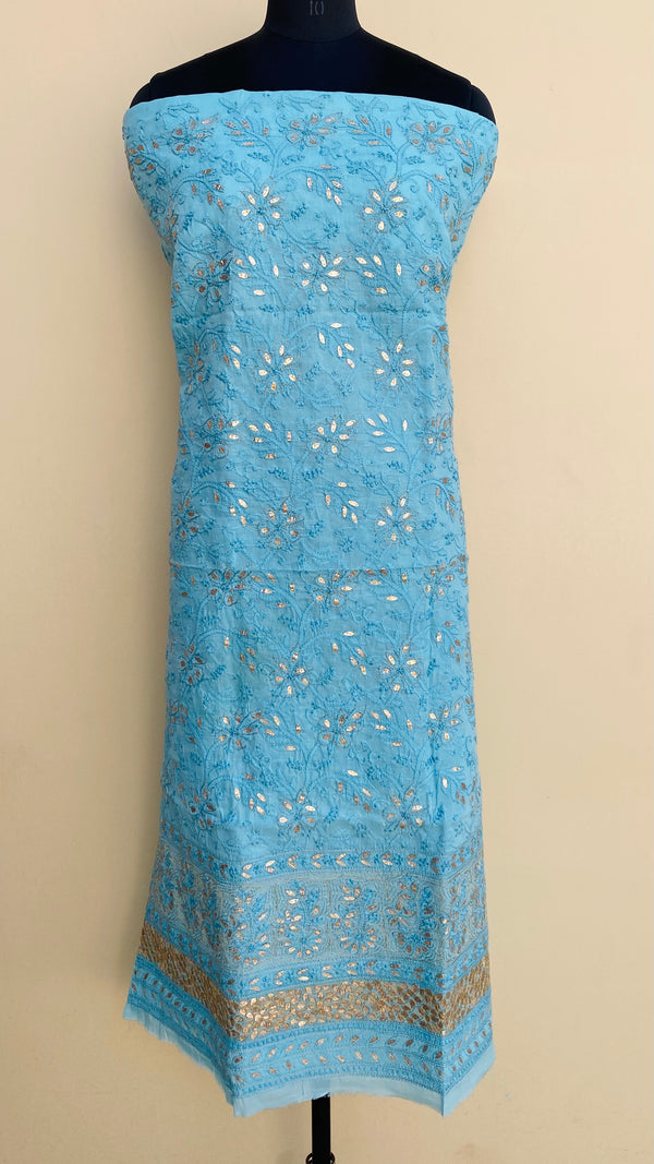 Lucknowi Chikankari Kurta Length Blue Cotton with Gotta Patti Work