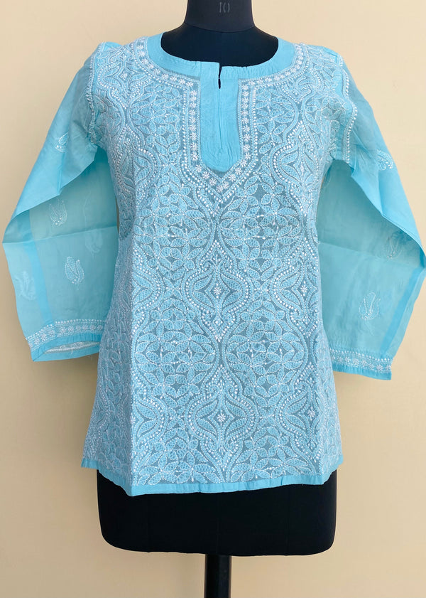 Lucknowi Chikankari  Short Kurti Blue Cotton