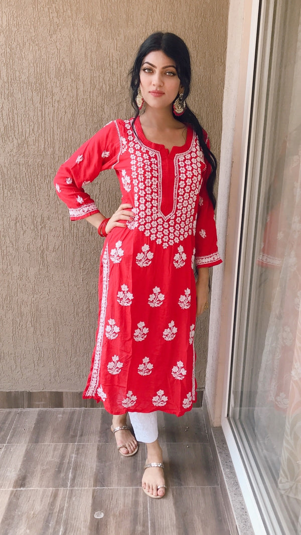 Lucknow Chikankari Kurti Red Butter Soft Modal Cotton