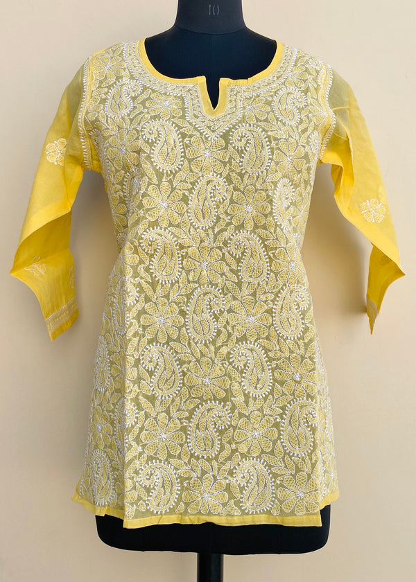 Lucknowi Chikankari Short Kurti Yellow Cotton