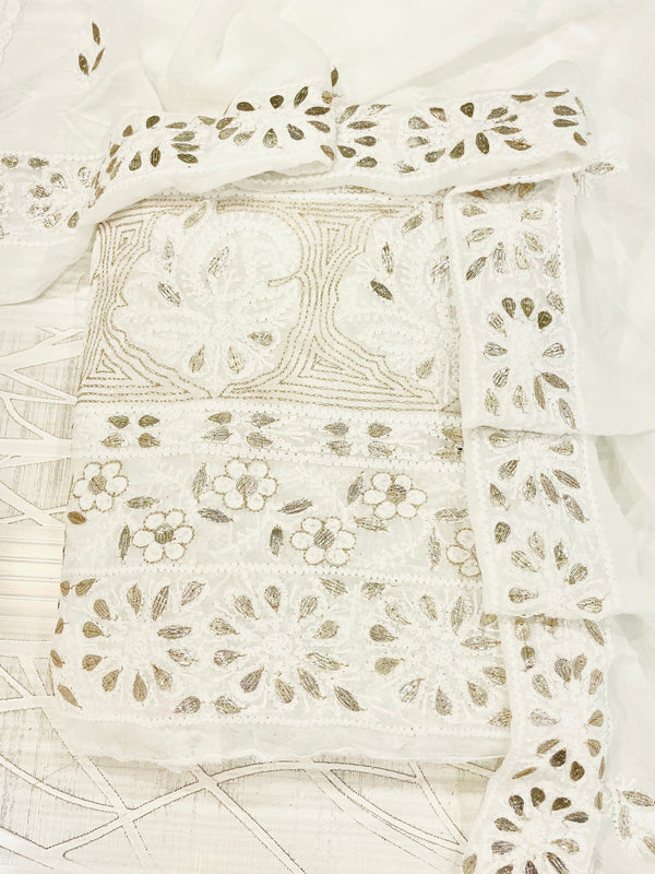 Lucknowi Chikankari Allover Front & Back Jaal Suit Length 2 Piece White Pure Georgette with Gotta Patti Work