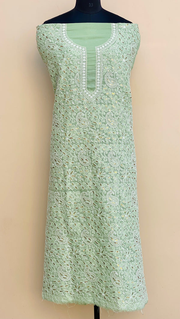 Lucknowi Chikankari Kurta Length Green Cotton with Sequence Work