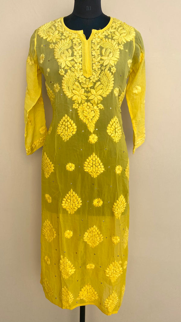 Lucknowi Chikankari Ombre Self Kurti Yellow Pure Georgette With Mukaish Work