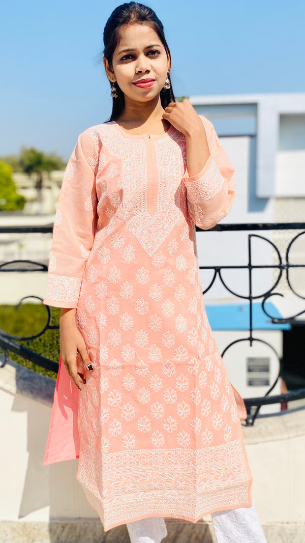 Lucknowi Chikankari Kurti Peach Cotton