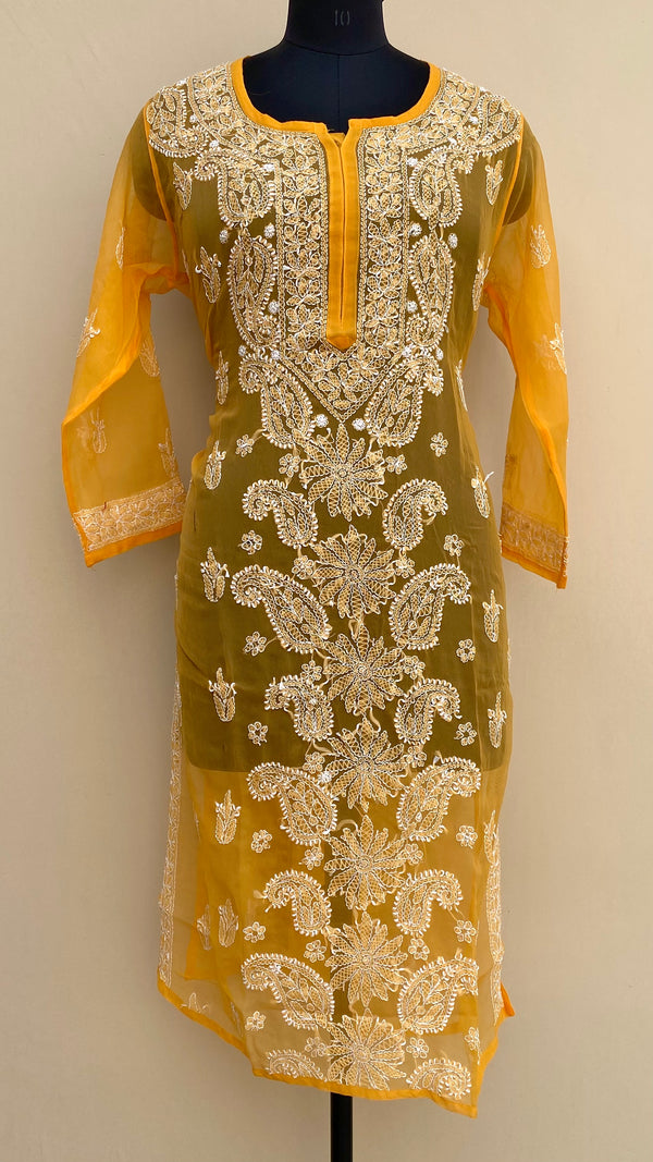 Lucknowi Chikankari Kurti Mustard Faux Georgette