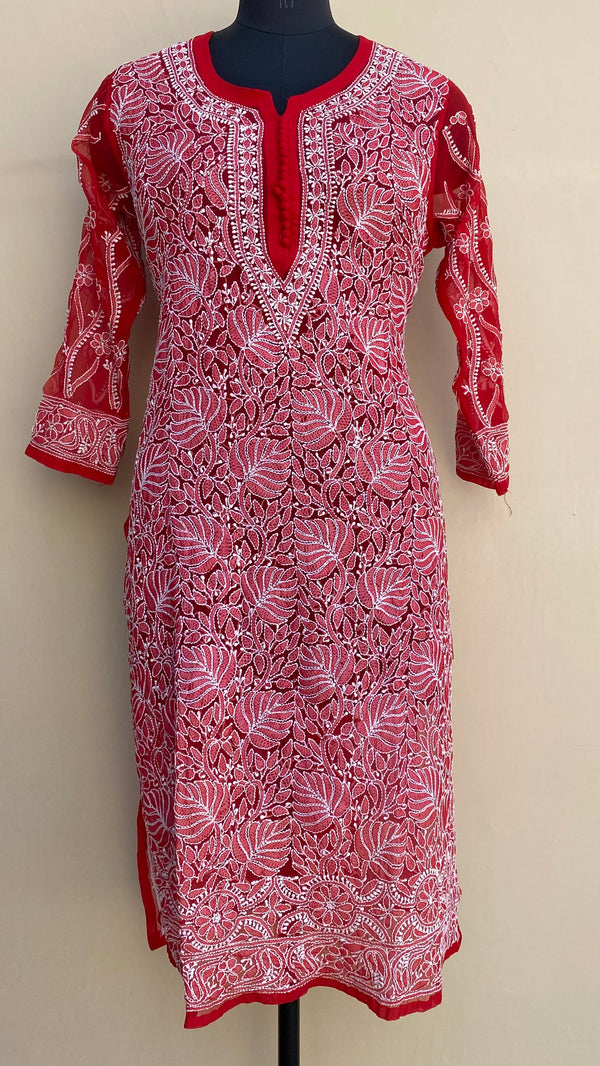 Lucknowi Chikankari Kurti Red Faux Georgette