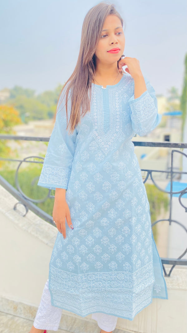 Lucknowi Chikankari Kurti Gray Cotton