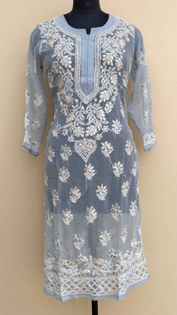 Lucknowi Chikankari Kurti Gray Faux Georgette With Gotta Patti Work