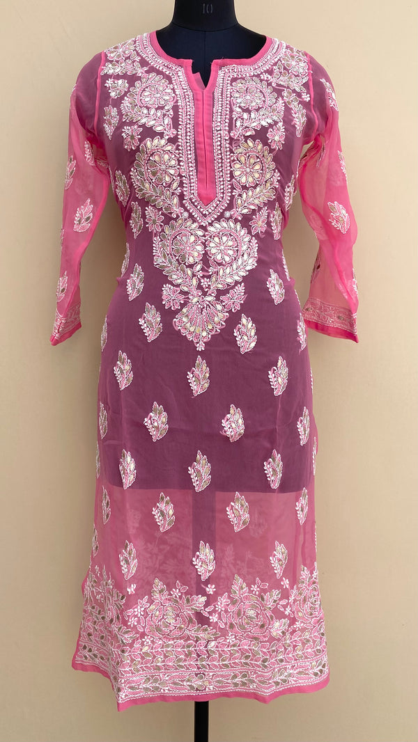 Lucknowi Chikankari Kurti Pink Faux Georgette With Gotta Patti Work