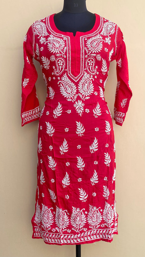 Lucknowi Chikankari Kurti Red Modal Cotton
