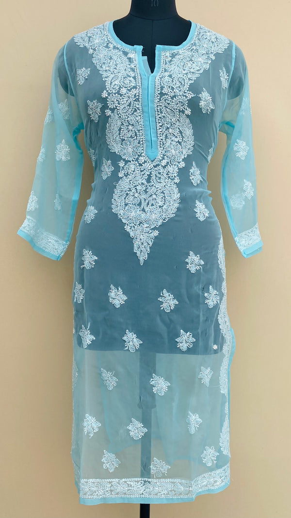 Lucknowi Chikankari Kurti Blue Faux Georgette