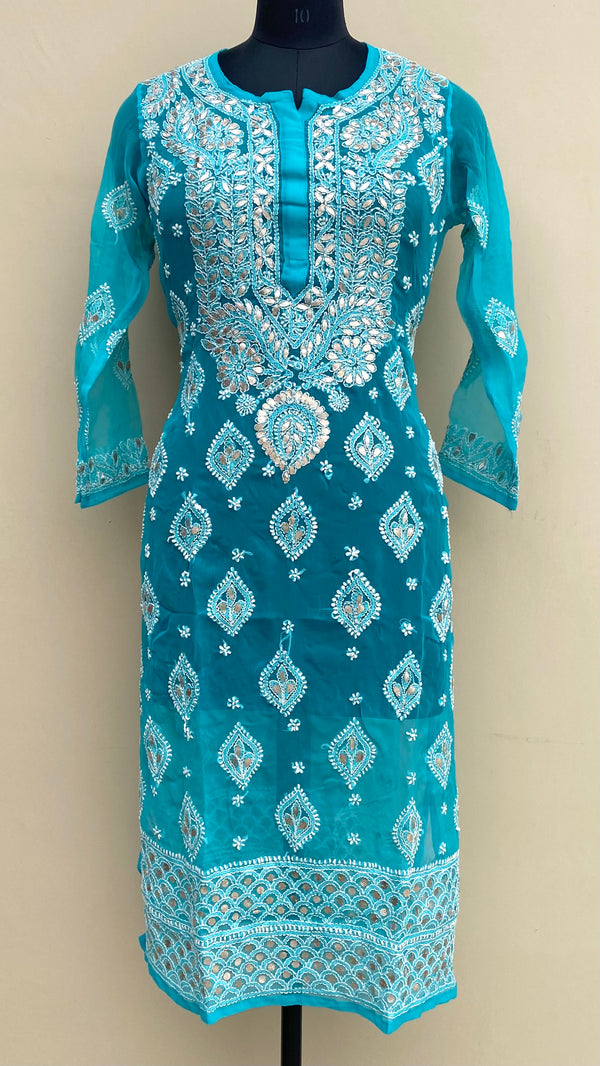 Lucknowi Chikankari Kurti Blue Faux Georgette With Gotta Patti Work