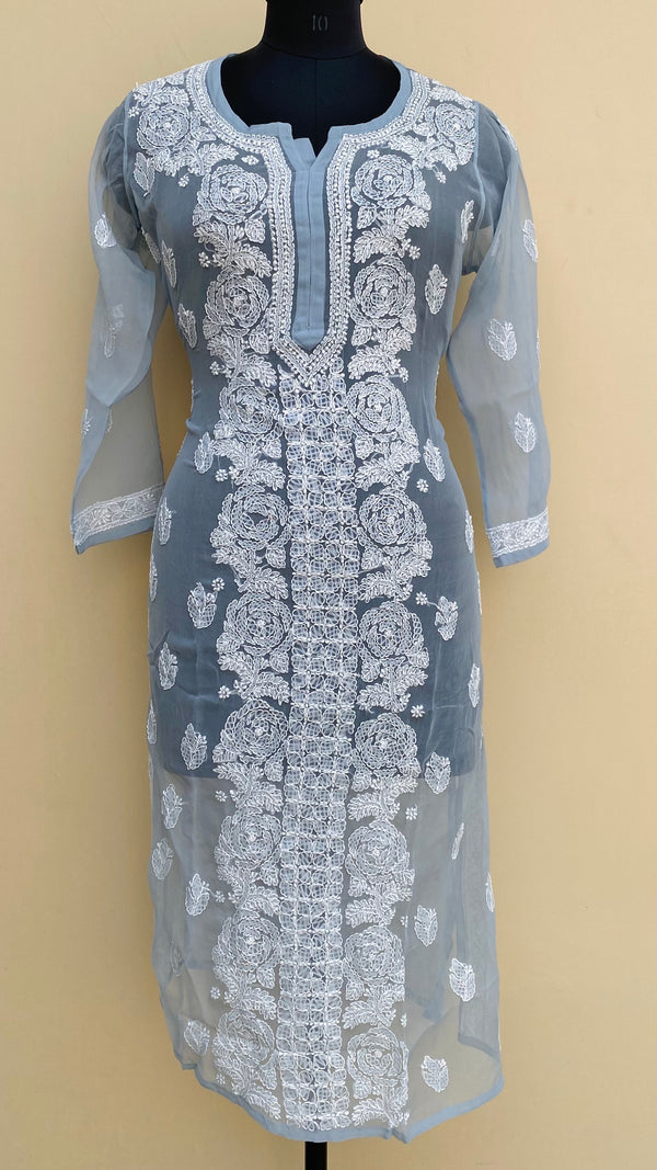 Lucknowi Chikankari Kurti Gray Faux Georgette