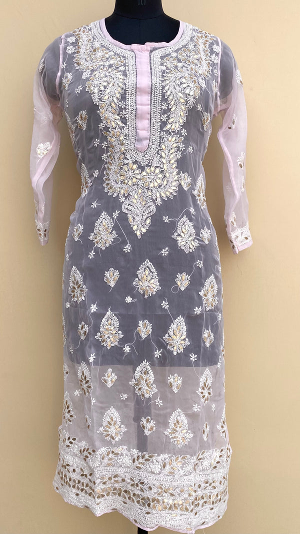 Lucknowi Chikankari Kurti Pink Faux Georgette
