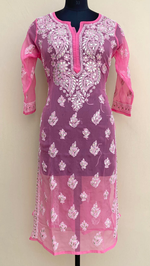 Lucknowi Chikankari Kurti Pink Faux Georgette With Gotta Patti Work