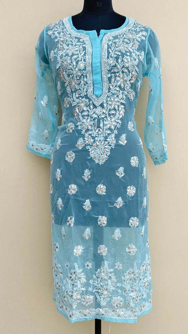 Lucknowi Chikankari Kurti Blue Faux Georgette With Gotta Patti Work