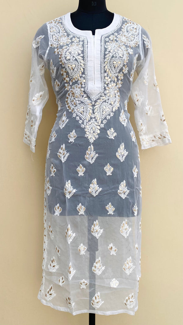 Lucknowi Chikankari Kurti White On White Faux Georgette With Gotta Patti Work