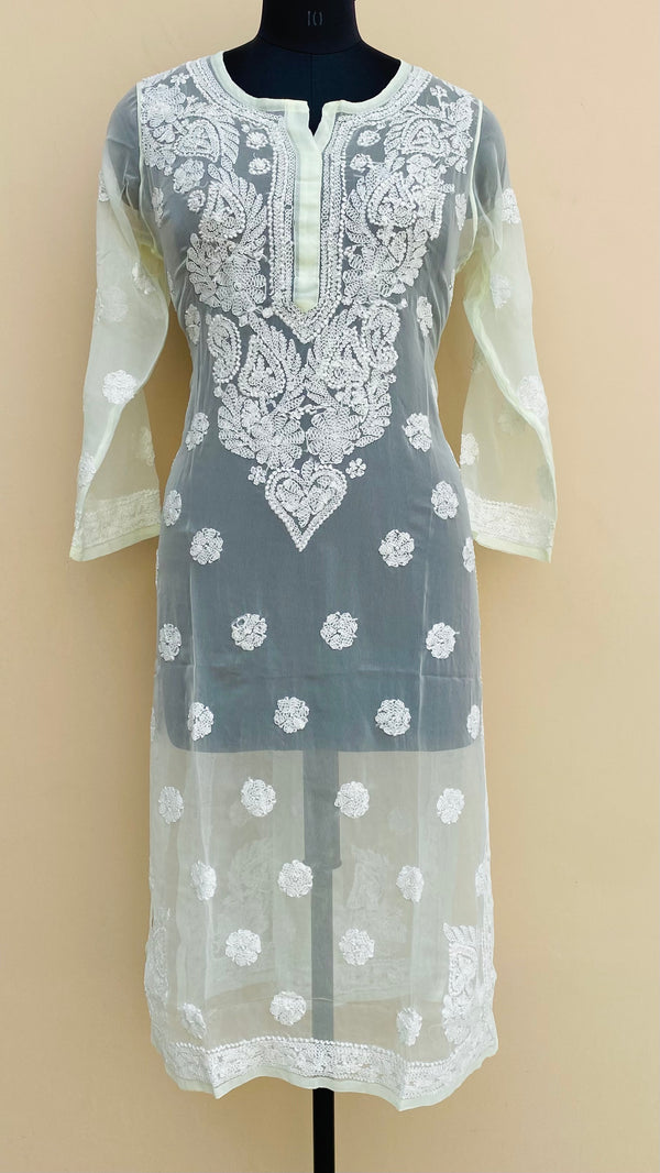 Lucknowi Chikankari Kurti Lemon Yellow Faux Georgette