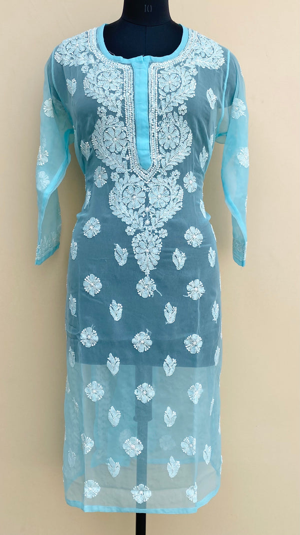 Lucknowi Chikankari Kurti Blue Faux Georgette