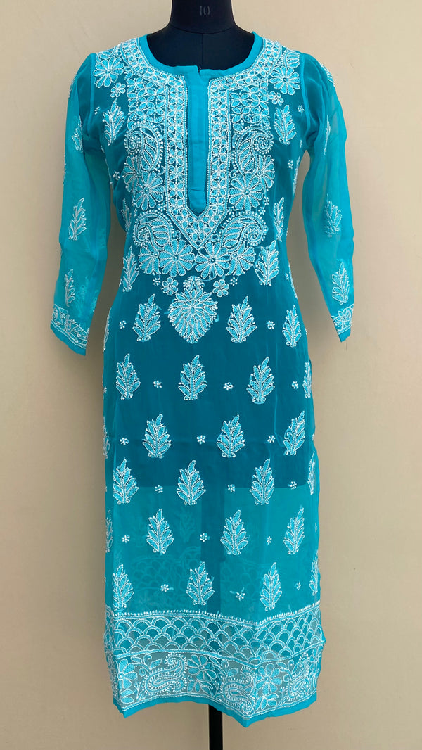 Lucknowi Chikankari Kurti Blue Faux Georgette