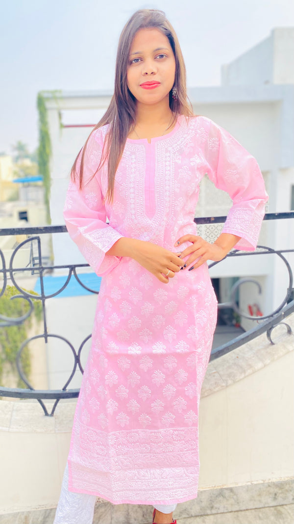 Lucknowi Chikankari Kurti Pink Cotton