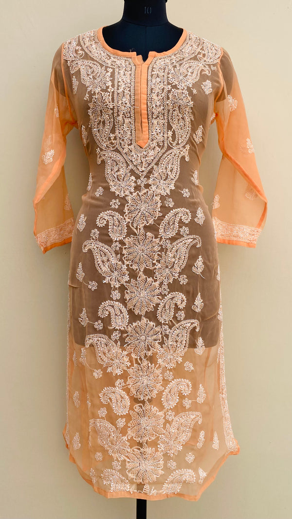 Lucknowi Chikankari Kurti Orange Faux Georgette