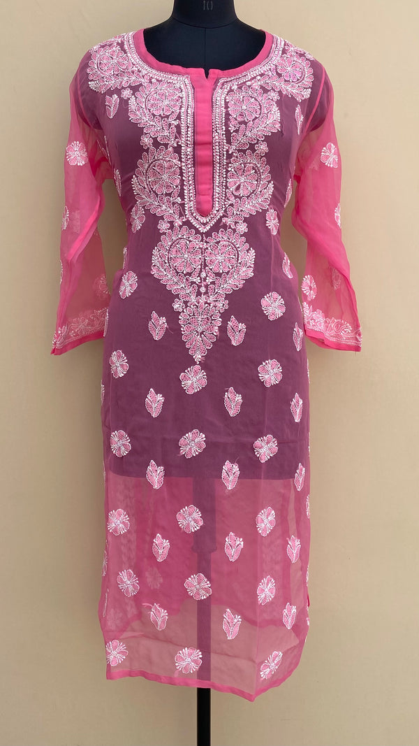 Lucknowi Chikankari Kurti Pink Faux Georgette