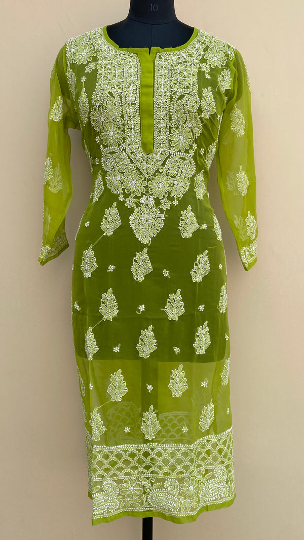 Lucknowi Chikankari Kurti Mehandi Green Faux Georgette