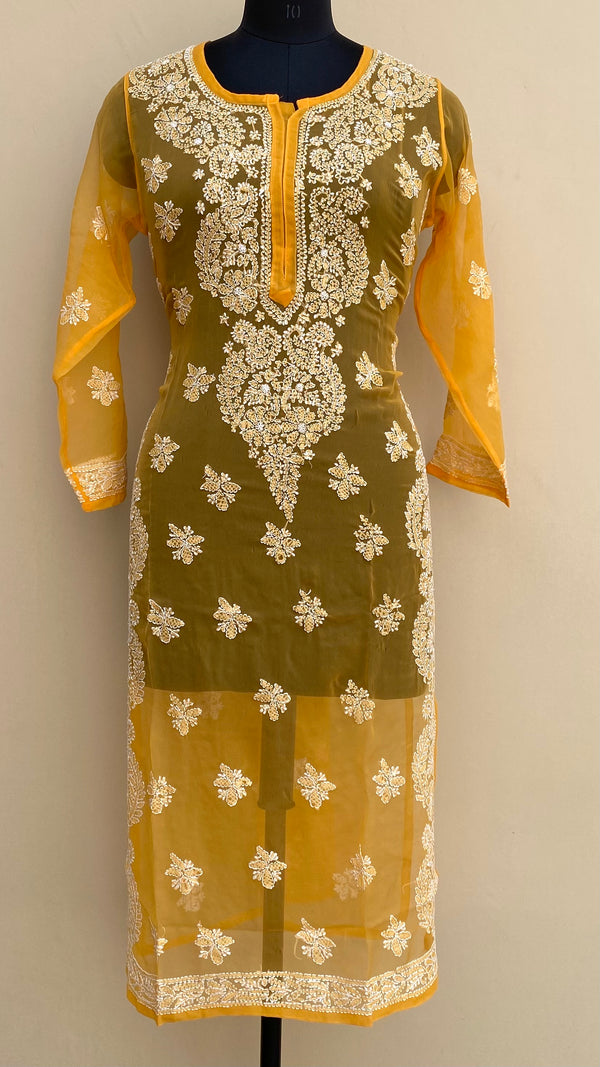 Lucknowi Chikankari Kurti Mustard Faux Georgette