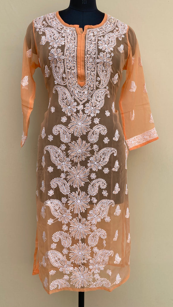 Lucknowi Chikankari Kurti Orange Faux Georgette