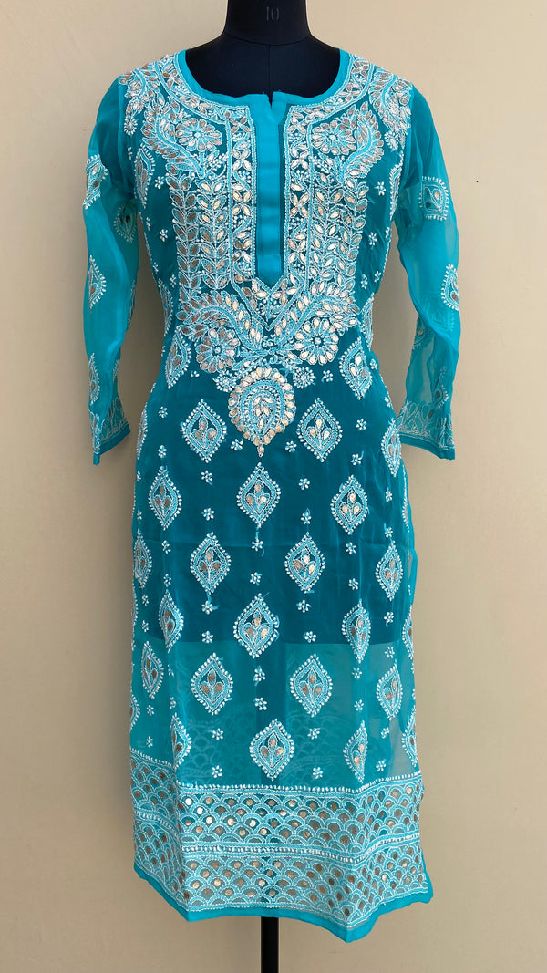 Lucknowi Chikankari Kurti Blue Faux Georgette With Gotta Patti Work