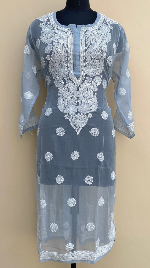 Lucknowi Chikankari Kurti Gray Faux Georgette