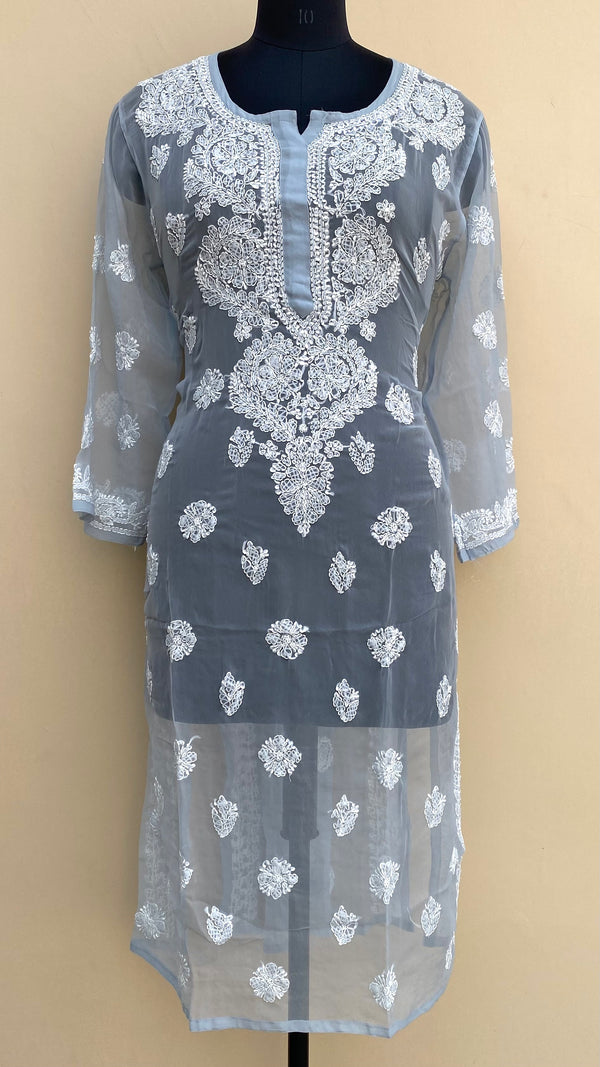 Lucknowi Chikankari Kurti Gray Faux Georgette