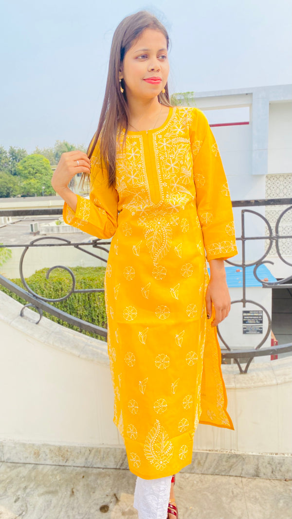Lucknowi Chikankari Kurti Mustard Cotton