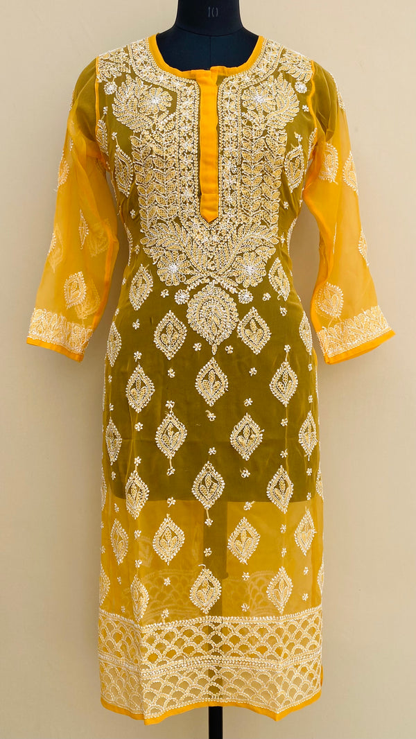 Lucknowi Chikankari Kurti Mustard Faux Georgette