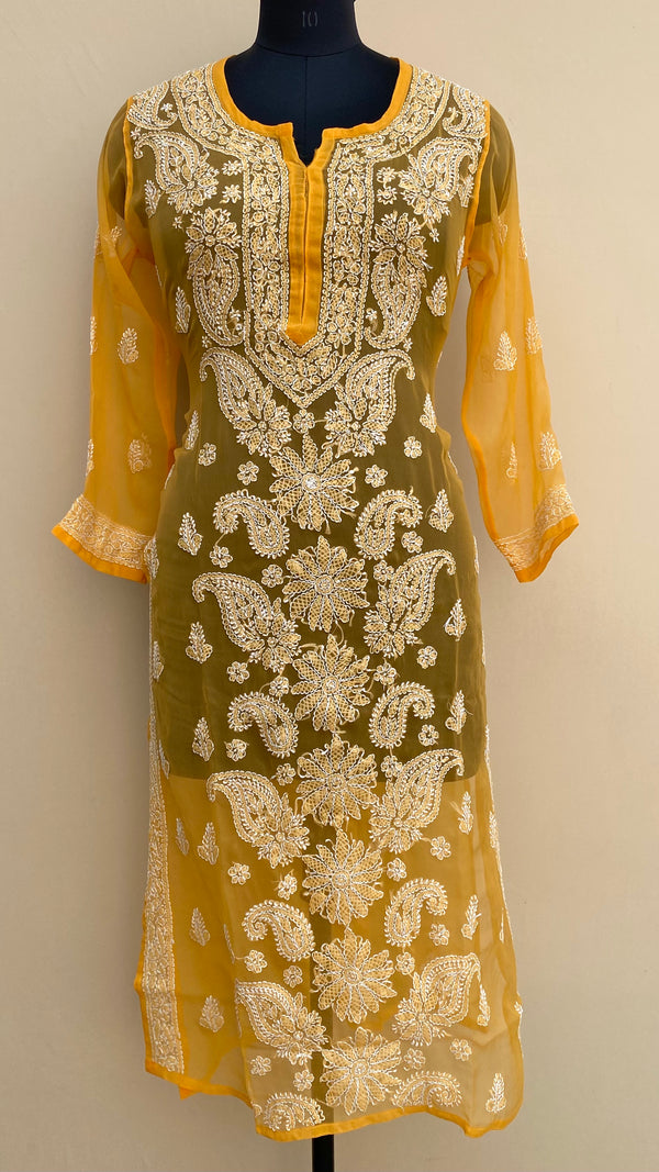 Lucknowi Chikankari Kurti Mustard Faux Georgette