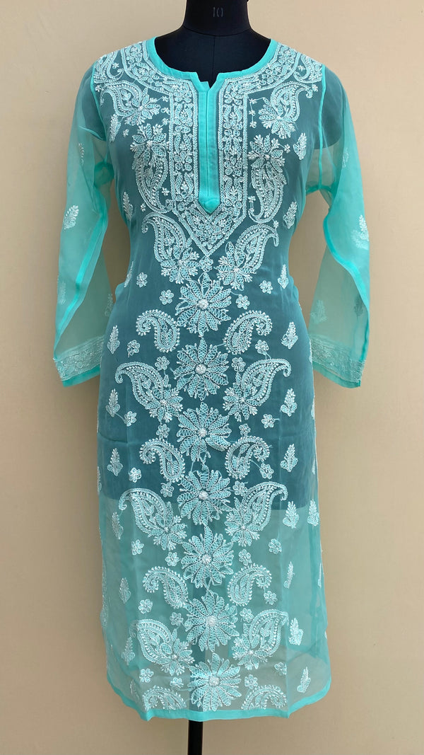 Lucknowi Chikankari Kurti Sea Green Faux Georgette