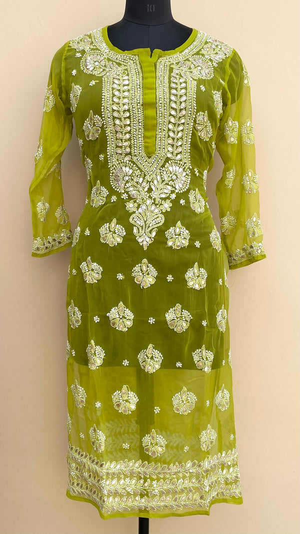 Lucknowi Chikankari Kurti Mehandi Green Faux Georgette With Gotta Patti Work