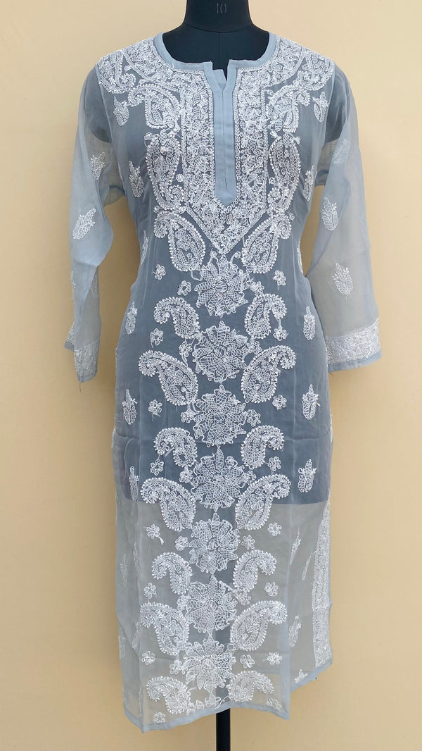 Lucknowi Chikankari Kurti Gray Faux Georgette