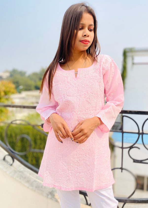 Lucknowi Chikankari Short Kurti Pink Cotton