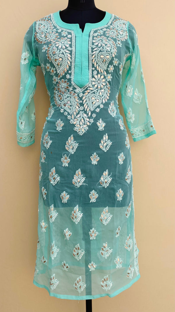 Lucknowi Chikankari Kurti Sea Green Faux Georgette With Gotta Patti Work