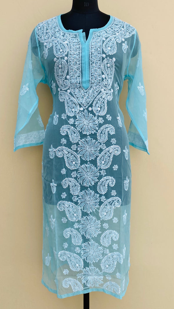 Lucknowi Chikankari Kurti Blue Faux Georgette