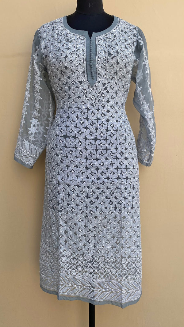 Lucknowi Chikankari Kurti Gray Faux Georgette