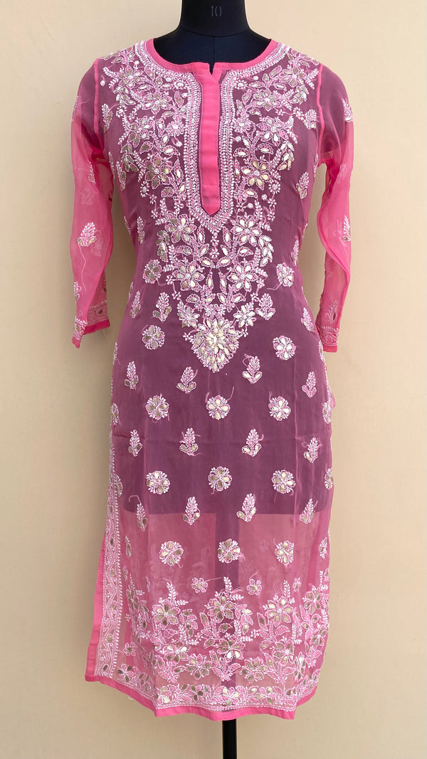 Lucknowi Chikankari Kurti Pink Faux Georgette With Gotta Patti Work