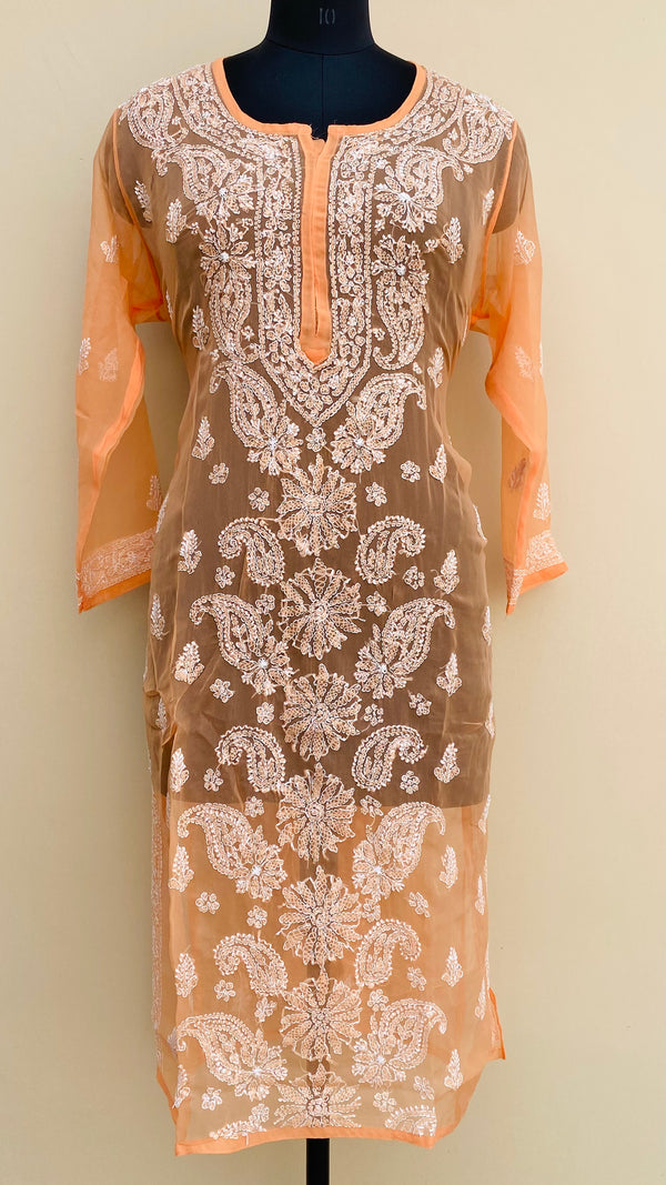 Lucknowi Chikankari Kurti Orange Faux Georgette