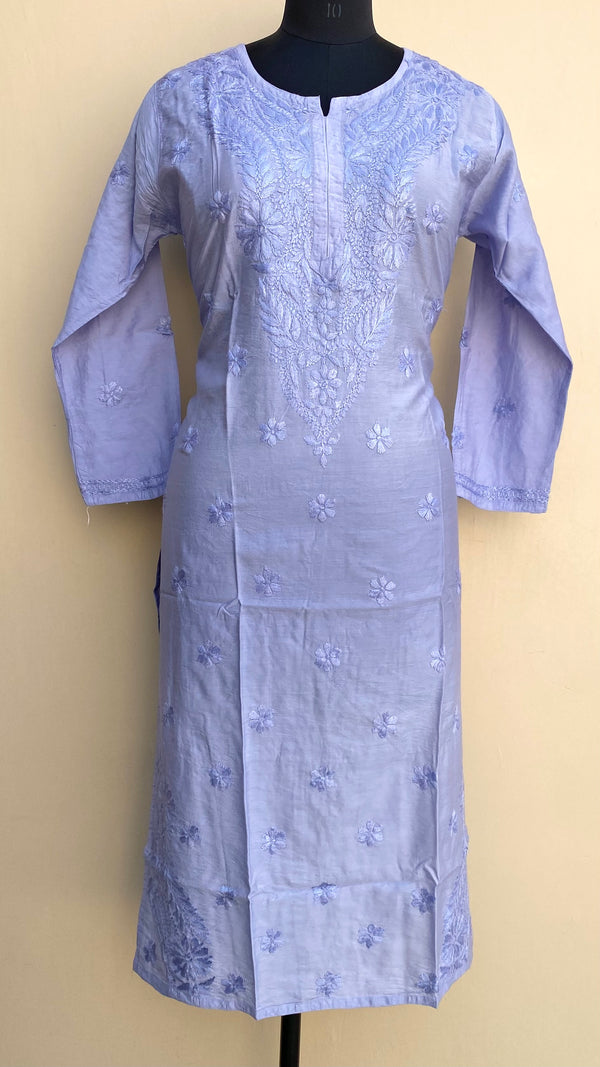 Lucknowi Chikankari Kurti Blue Mal Chanderi With Self Work