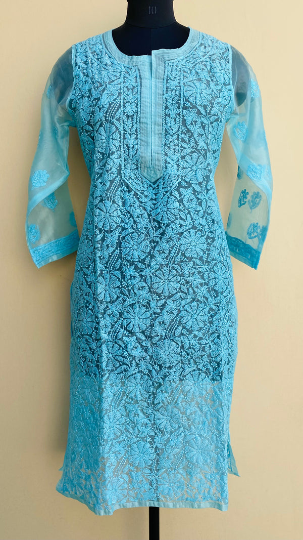 Lucknowi Chikankari Kurti Blue Organza with Self work