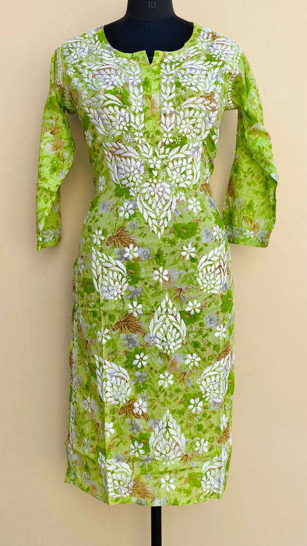 Lucknowi Chikankari Printed Kurti Green Mulmul Cotton