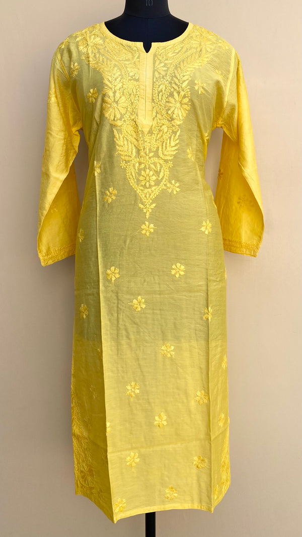 Lucknowi Chikankari Kurti Yellow Mal Chanderi With Self Work